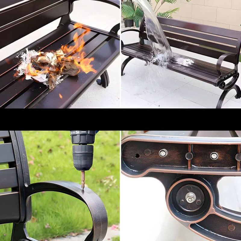 "Copper Industrial Garden Bench with Curved Arms and Waterproof Durability - 71"L x 20"W x 28"H"