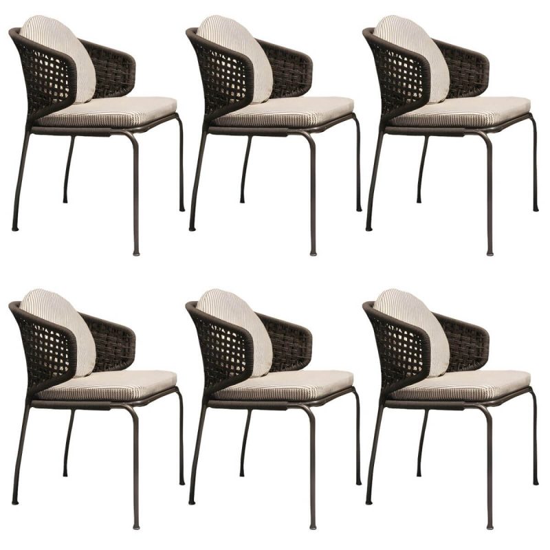 "Rattan Outdoors Dining Chair Tropical Metal Armchair Dining Side Chair - Rope Braid 6 Piece Set"