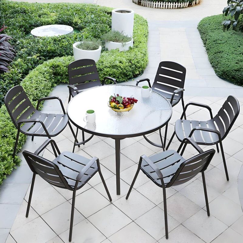 "Modern Black Metal Arm Chair with Stackable Design and Waterproof Durability - 8 Piece Set"