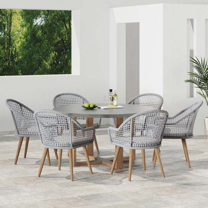 "7 Pieces Teak Round Outdoor Concrete Dining Set with Gray Table Woven Armchair 6-Person"