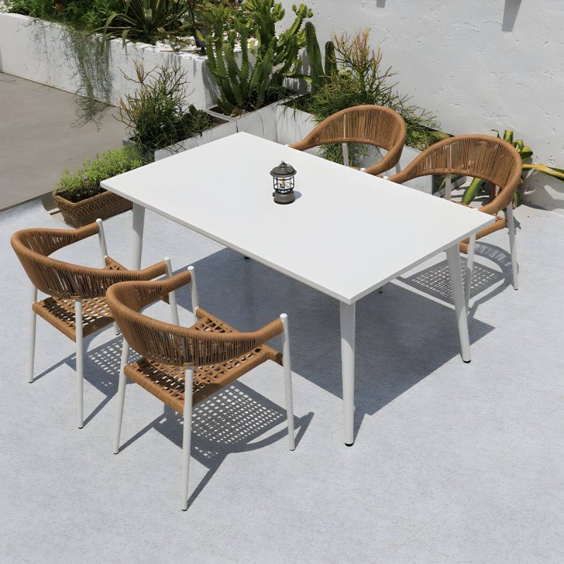 "Weatherproof Outdoor Aluminum Dining Set with Stackable Chairs and Modern Design - Table & Chair(s) 63"L x 35"W x 29"H 4"