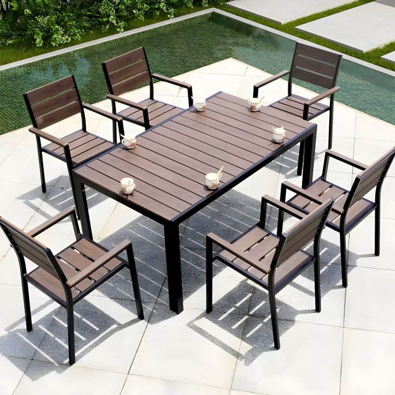 "Contemporary Dining Table Set with Wooden Chair for Courtyard - Table & Chair(s) 59"L x 35"W x 29"H 6"