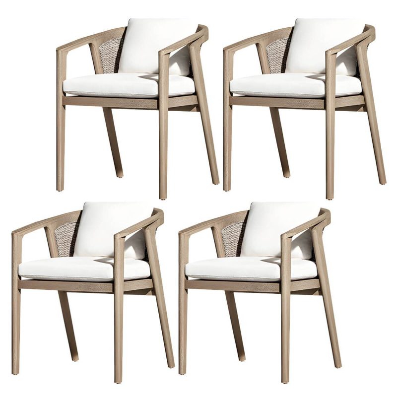 "Modern Brown Wood Side Chair with Wicker Back and Beige Cushions - 4 Piece Set With Arms"