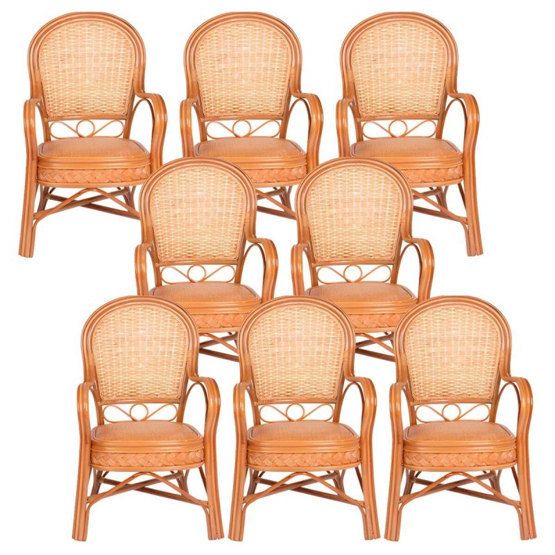 "Traditional 40.55" Height Solid Color Rattan Outdoor Dining Armchair - Yellow 8 Piece Set"