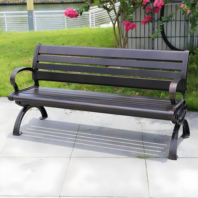 "Copper Industrial Garden Bench with Curved Arms and Waterproof Durability - 59"L x 20"W x 28"H"