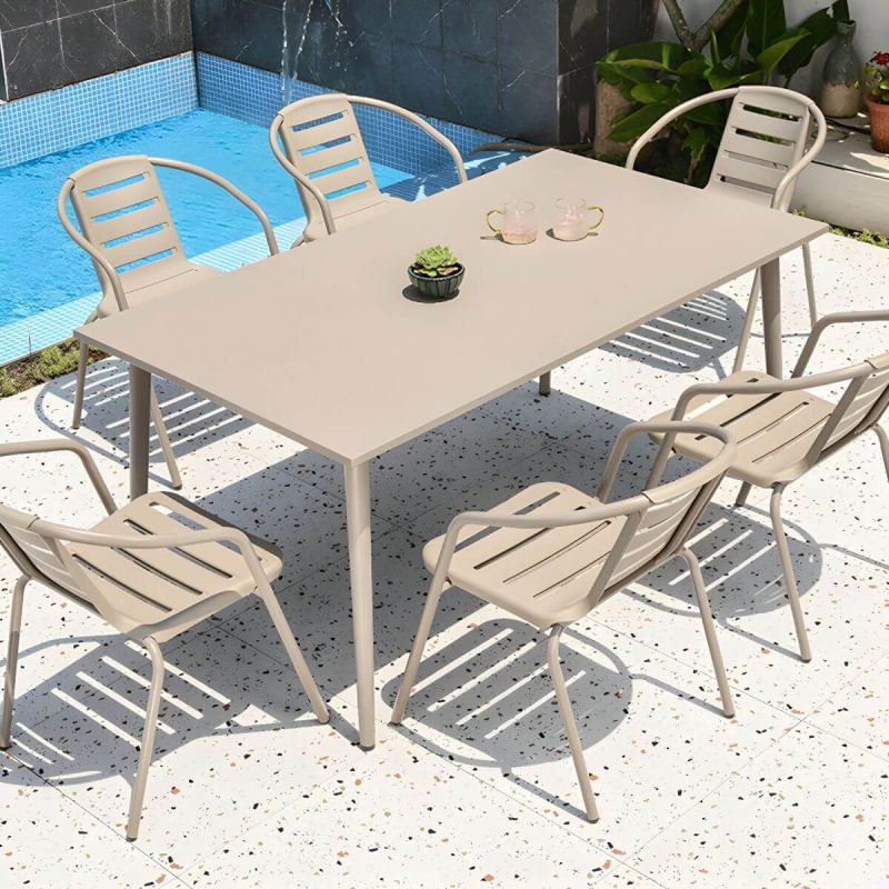 "Modern Rust Resistant Brown Metal Stackable Arm Chair for Outdoor Dining - 4 Piece Set"