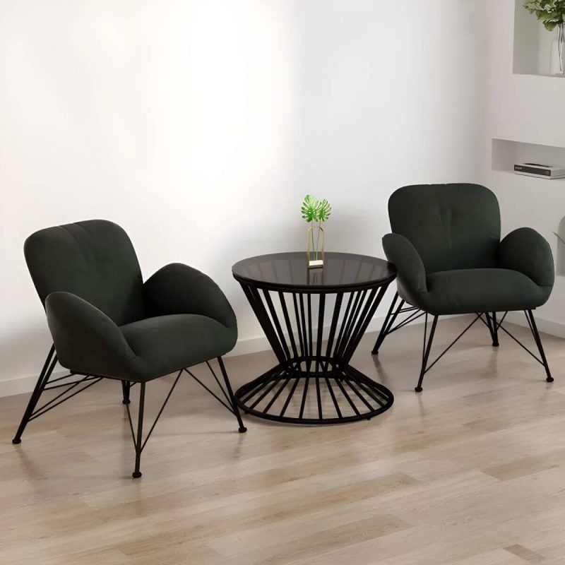 "Contemporary Outdoor Dining Table Furniture Set with Black Round Top for Courtyard - Table & Chair(s) 2 Army Green"