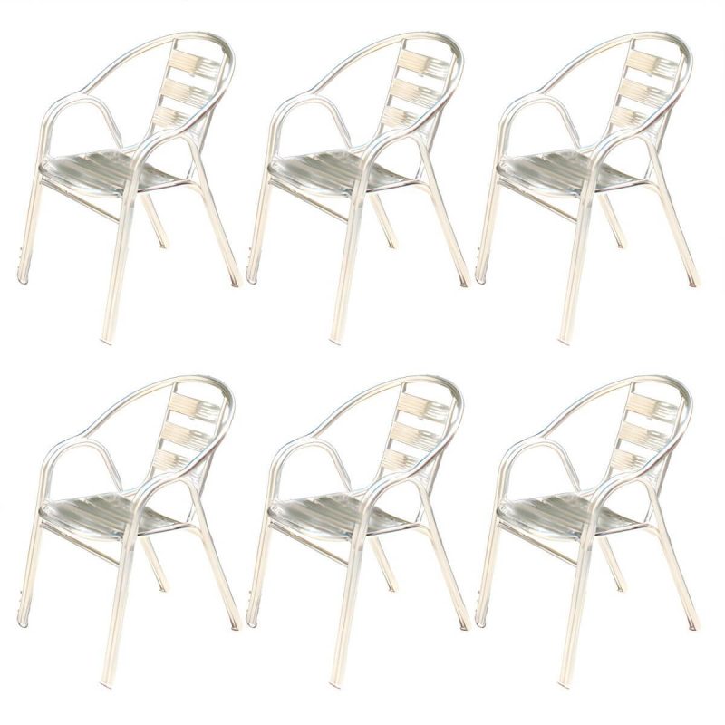 "Silver Modern Armchair Metal Stacking Dining Chairs with Arm - White-Silver 6 Piece Set"