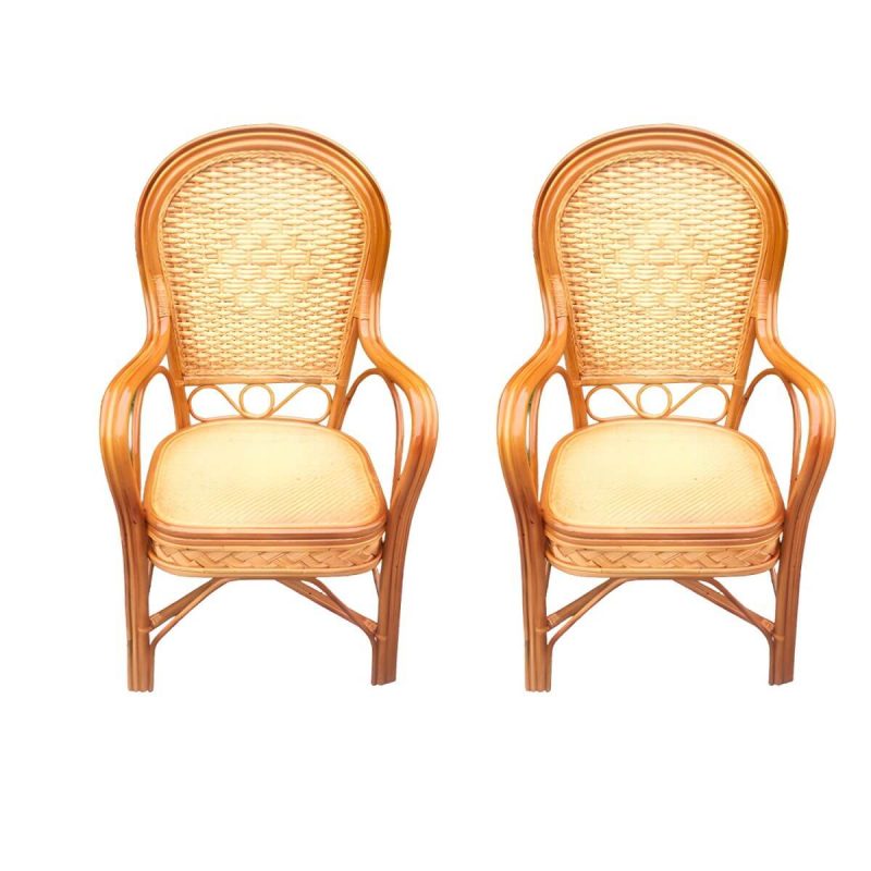 "Traditional Patio Dining Armchair in Rattan Single Outdoor Chair - Brown/ Yellow Rattan Weaving 2 Piece Set"