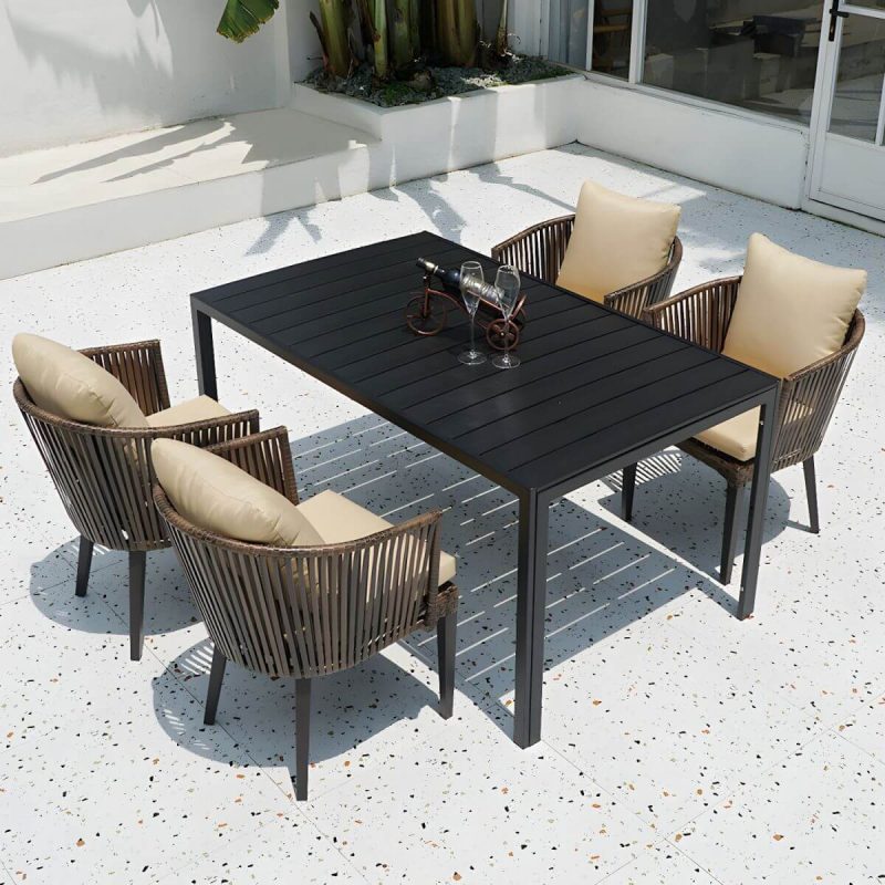 "Modern Wood Patio Dining Table 3/5/7/9 Pcs Black Dining Set for Courtyard - Table & Chair(s) 59.1"L x 35.4"W x 29.5"H 4 Rectangular"