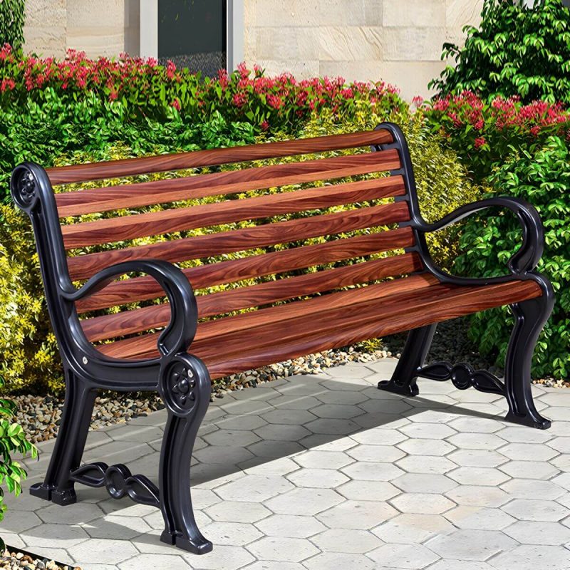 "Wood and Metal Outdoor Bench Mid-Century Modern Outdoor Picnic Bench - 47"L x 25"W x 32"H Coffee"