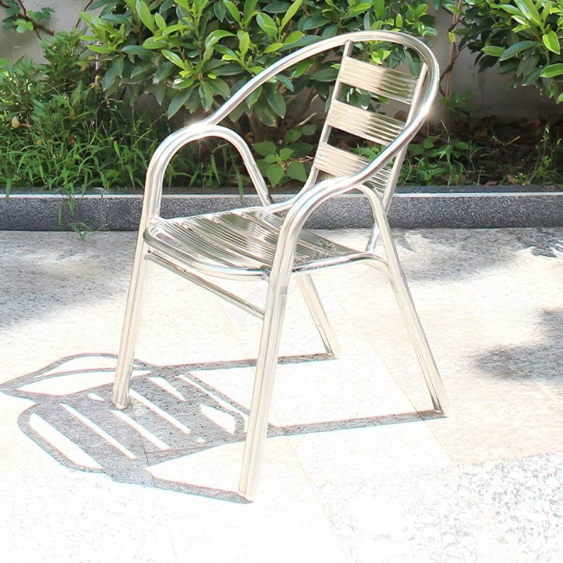 "Silver Modern Armchair Metal Stacking Dining Chairs with Arm - White-Silver 2 Piece Set"