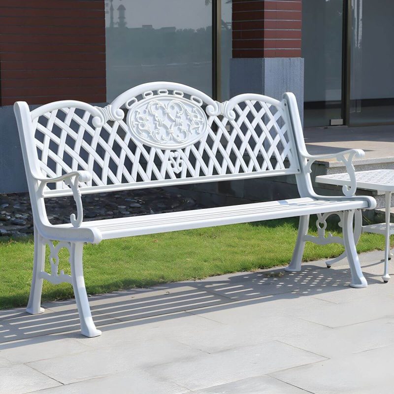 "Modern Style Metal Park Bench with Legs Water Resistant for Outdoor - White 59"L x 24"W x 34"H"
