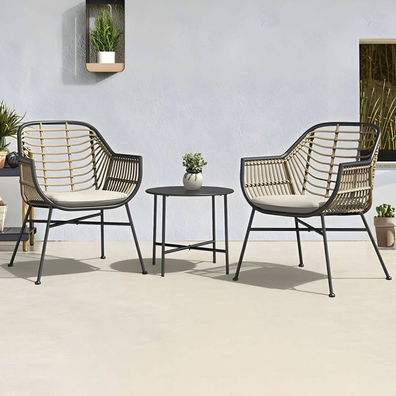 "Black Modern Weatherproof Round Patio Dining Set with Upholstered Chairs - Table & Chair(s) 2"