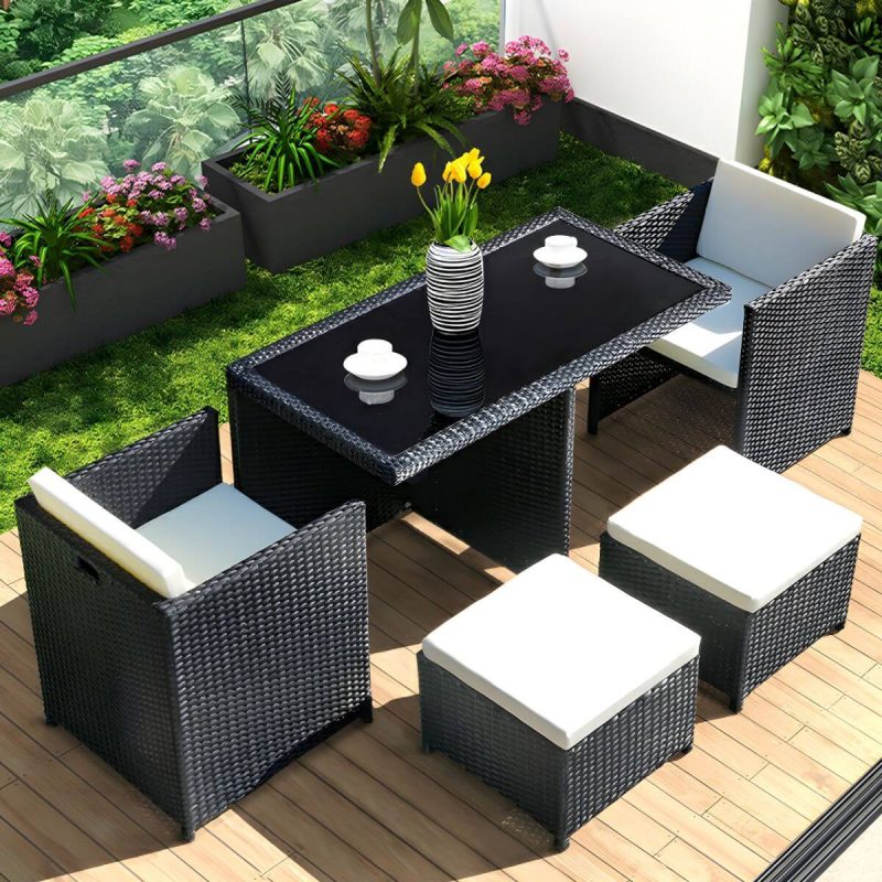 "Stylish Weatherproof Glass-top Patio Dining Set with Upholstered Chairs - Table & Chair(s) 47.2"L x 47.2"W x 29.5"H 4 Brown"