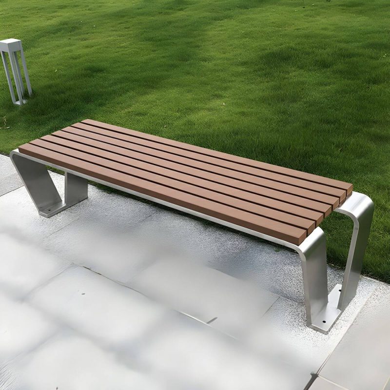 "Industrial Style Park Bench - Stainless Steel Frame, Brown Wood Seat, Water Resistant, Non-Foldable - Coffee"