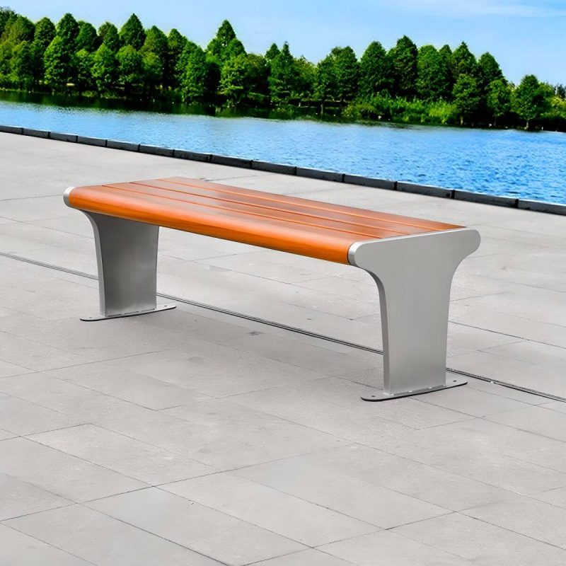 "Modern Style Wooden Industrial Bench with Brown Seat Surface and Metal Double Base - Silver 59"L x 18"W x 17"H"
