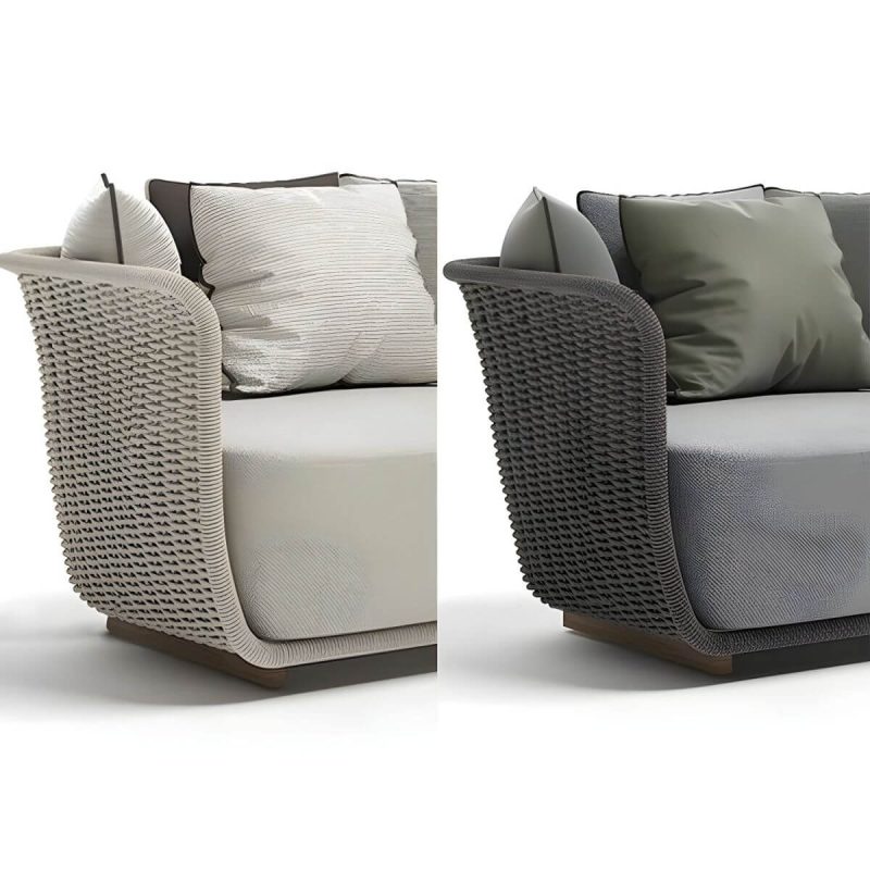 "Waterproof Wicker/Rattan Modern Sofa with Upholstered Cushions and Pillows - Teak Frame - Apricot 3-Seater Sofa"