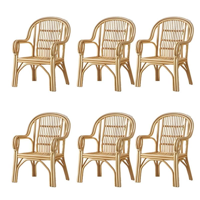 "Traditional Rattan Natural/Black Patio Arm Chair with Water Repellent Finish Cushion - Natural Finish 6 Piece Set"