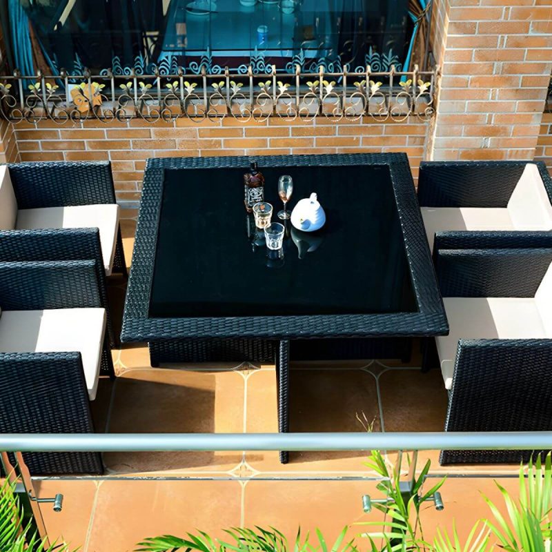 "Stylish Weatherproof Glass-top Patio Dining Set with Upholstered Chairs - Table & Chair(s) 47.2"L x 47.2"W x 29.5"H 4 Brown"