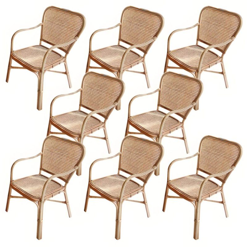 "20" Wide Tropical Rattan Dining Armchair Natural Outdoor Chair - Wood Color 8 Piece Set"