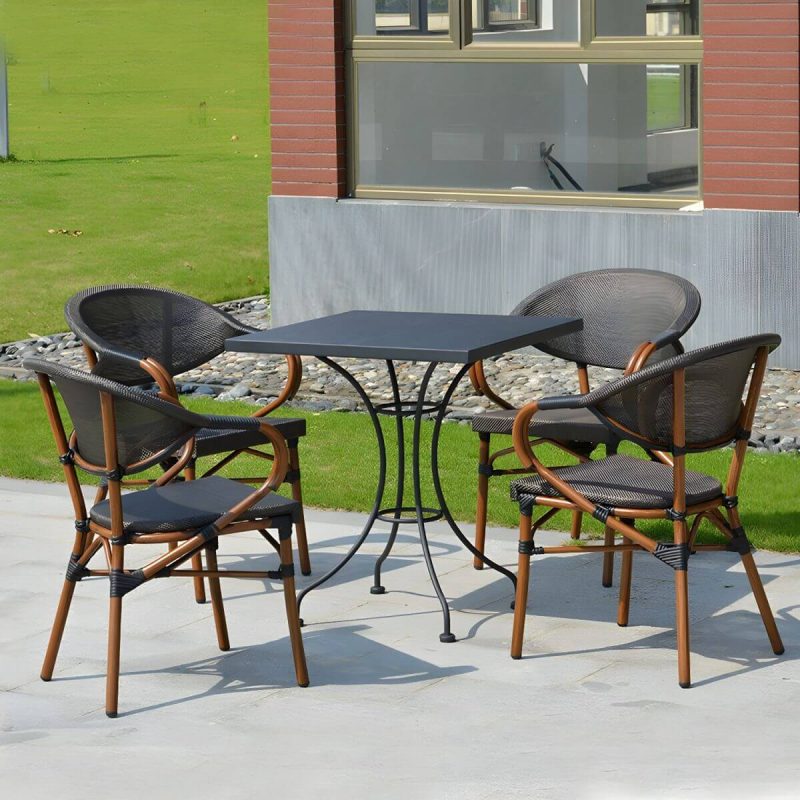 "Modern Brown Wicker/Rattan Patio Dining Set with Stackable Chairs, Metal Table Base - Table & Chair(s) 28"L x 28"W x 29"H 4"