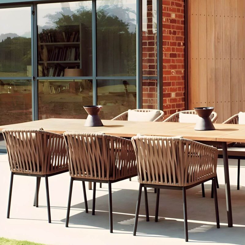 "Modern Metal Arm Chair with Brown Wicker Back and Rust-Resistant Steel Frame for Patio Dining - 6 Piece Set"