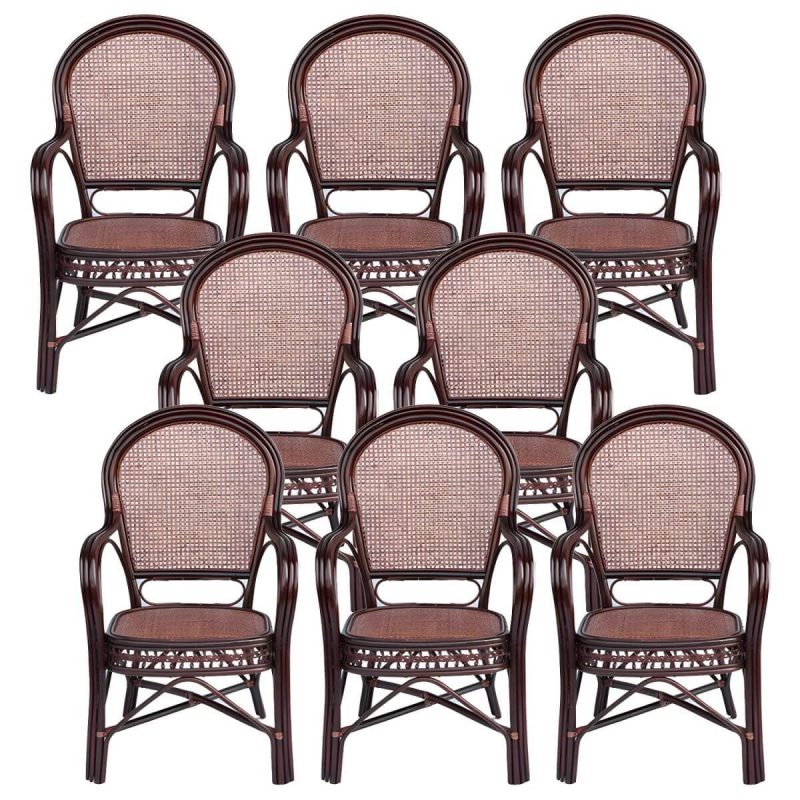 "Traditional 40.55" Height Solid Color Rattan Outdoor Dining Armchair - Dark Brown 8 Piece Set"