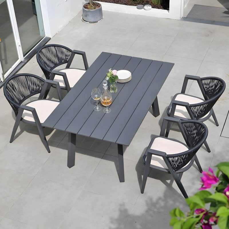 "Contemporary Gray 11-Piece Weatherproof Patio Dining Set with Gray Wicker Chairs - Table & 4 Chairs 63"L x 39.5"W x 28.7"H"