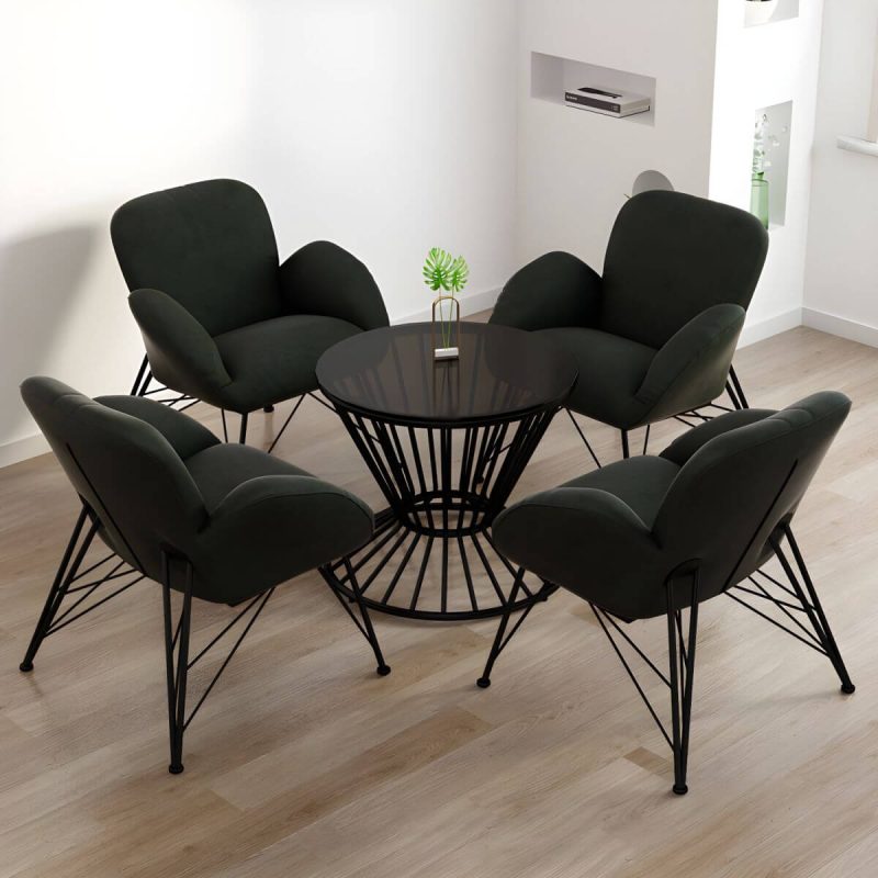 "Contemporary Outdoor Dining Table Furniture Set with Black Round Top for Courtyard - Table & Chair(s) 4 Army Green"
