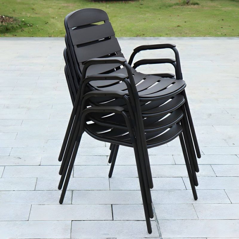 "Modern Black Metal Arm Chair with Stackable Design and Waterproof Durability - 4 Piece Set"