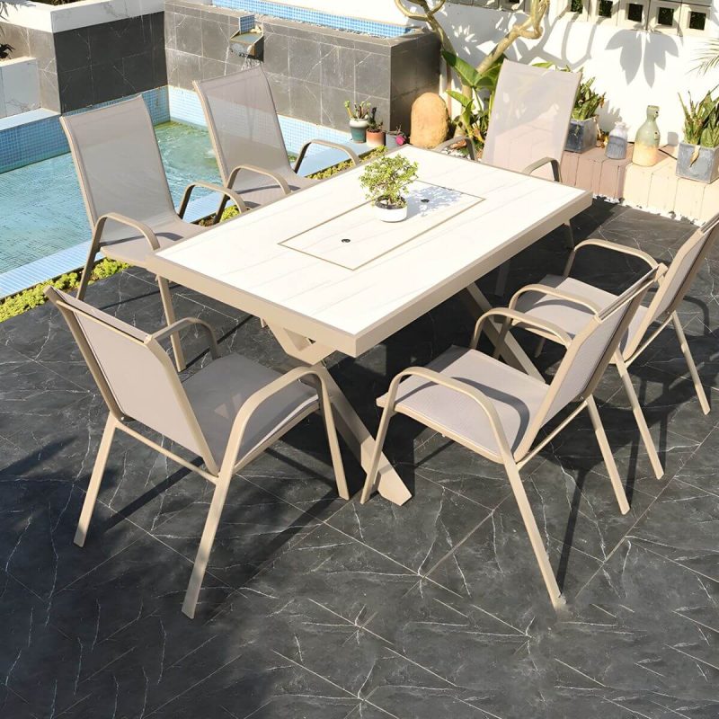 "Elegant Square Metal Patio Dining Set with Weatherproof Chairs - Table & 6 Chairs 59.1"L x 35.4"W x 29.1"H White-Brown"