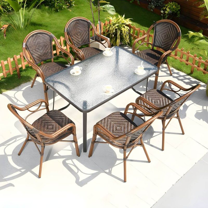 "Contemporary Dining Table Set with Brown Woven Chair for Courtyard - Table & Chair(s) 47"L x 31"W x 28"H 6"