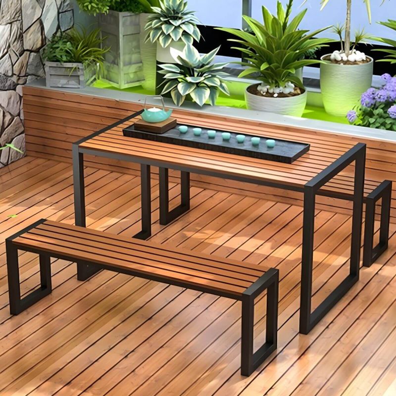 "Metal Modern Weatherproof Patio Dining Set with Stackable Chairs and Bench - Table & Bench(es) 2 Wood Color"