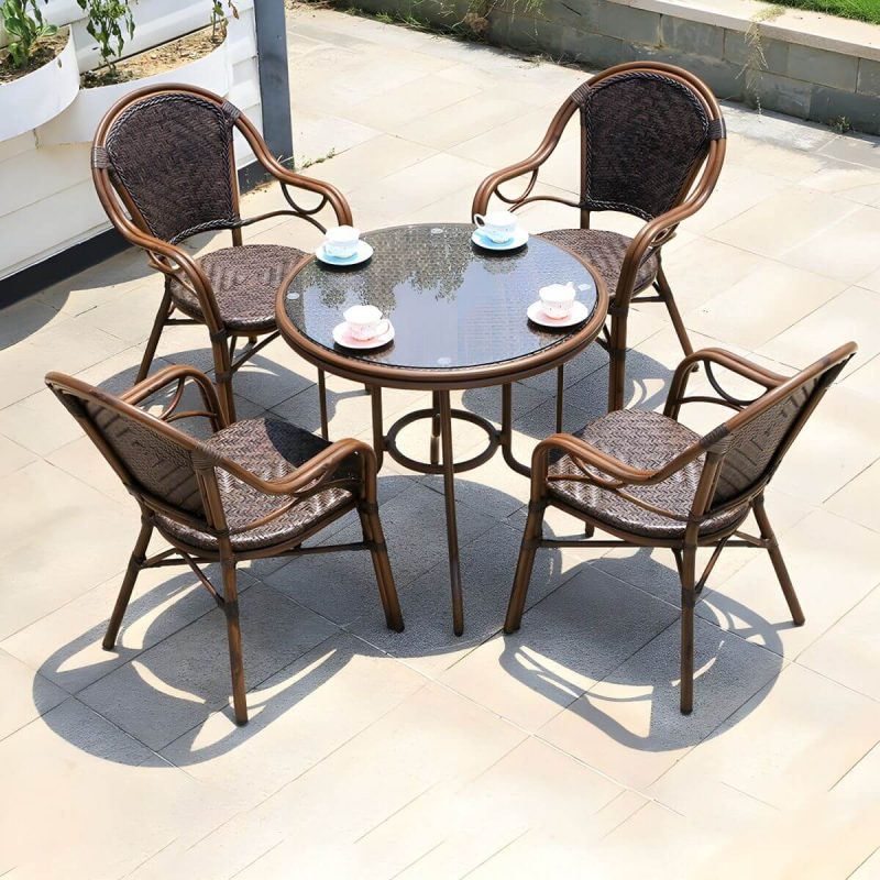"Modern Brown Glass Top Patio Table Set Metal 4 Legs for Outdoor - Table & Chair(s) 31.5"L x 31.5"W x 29.5"H 4"