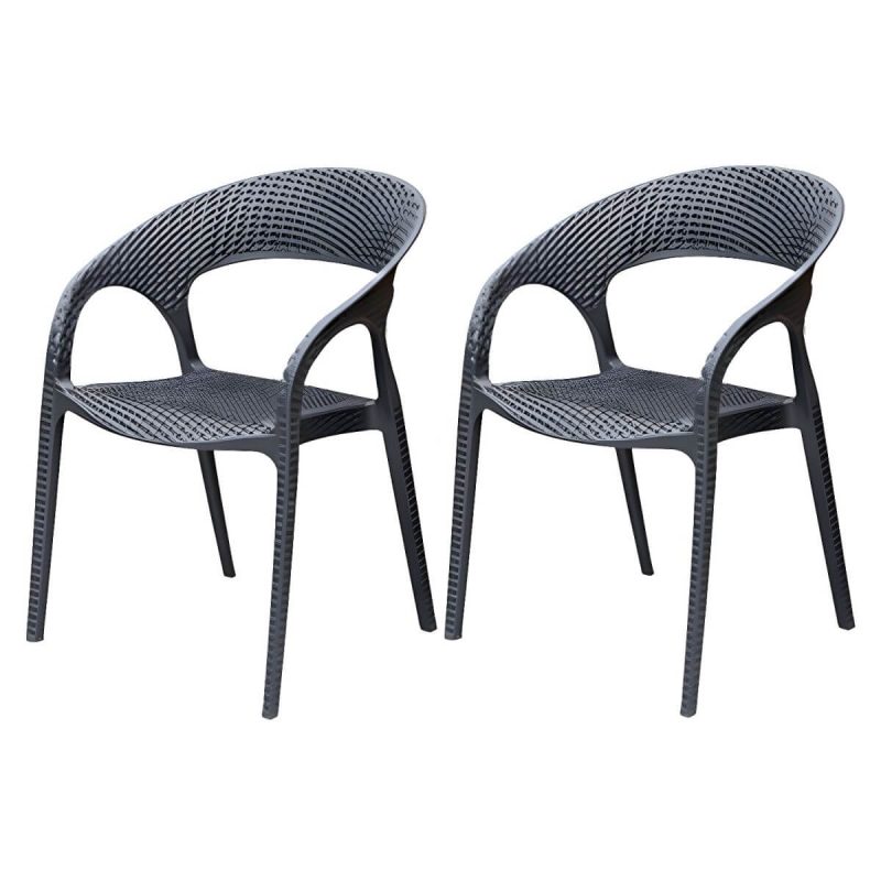 "Contemporary Black Plastic Outdoor Bistro Chairs with Arms and 4 Legs - 2 Piece Set"