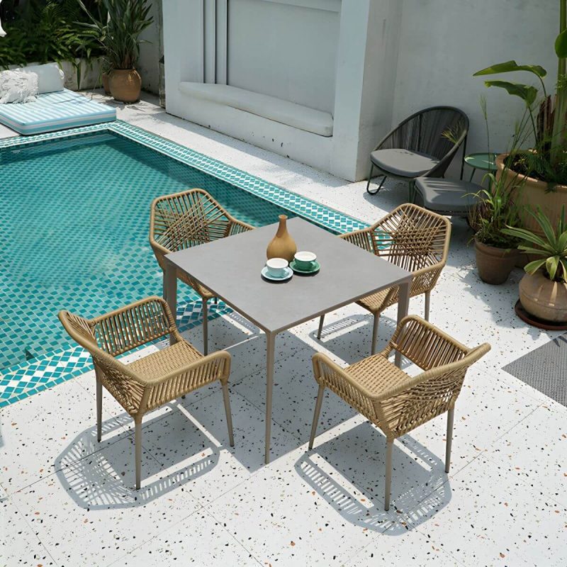 "Modern Metal Arm Chair with Beige Plastic Back and Stackable Design for Patio Dining - 8 Piece Set Brown"