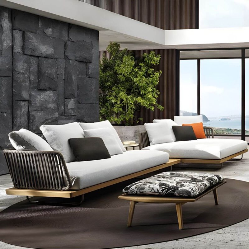 "Tropical Patio Sofa Wood With Cushions Beige Fabric Water Resistant Outdoor Patio Sofa - 79"L x 31.5"W x 32"H"