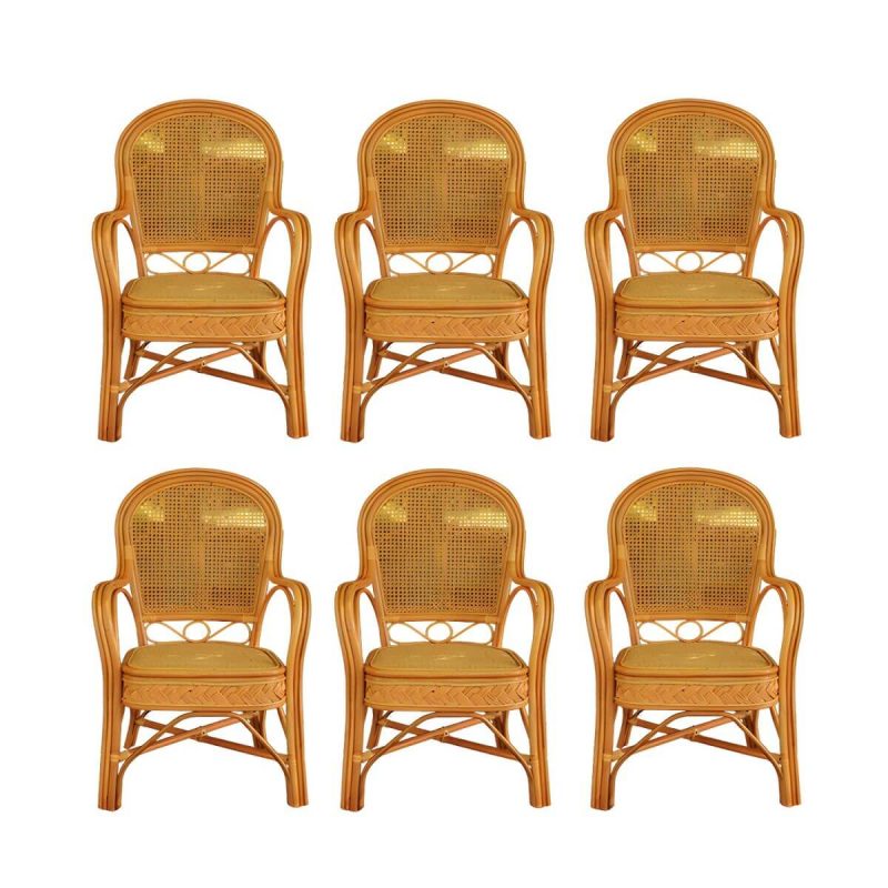 "Traditional Patio Dining Armchair in Rattan Single Outdoor Chair - Yellow Rattan Weaving 6 Piece Set"