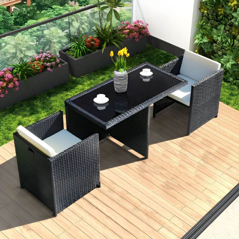 "Stylish Weatherproof Glass-top Patio Dining Set with Upholstered Chairs - Table & Chair(s) 47.2"L x 23.6"W x 28.7"H 2 Black"