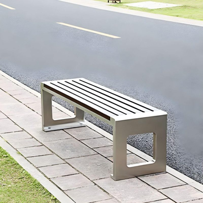 "Modern Garden Bench with Stainless Steel Frame and Waterproof Wood Seating - 59"L x 15"W x 18"H"