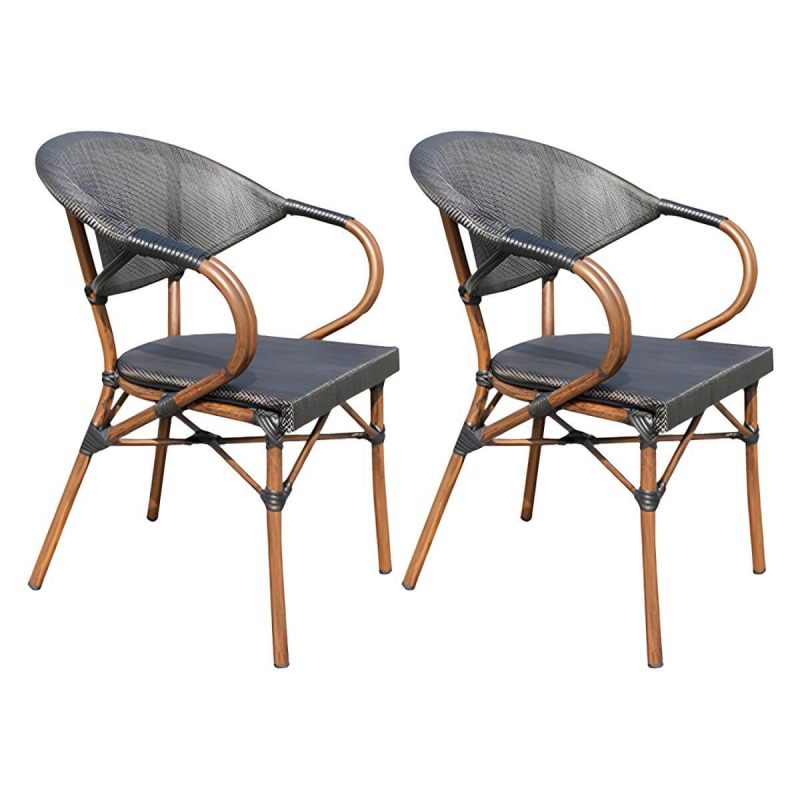 "Natural Metal Arm Chair with Stackable Design for Tropical Outdoor Dining - 2 Piece Set"