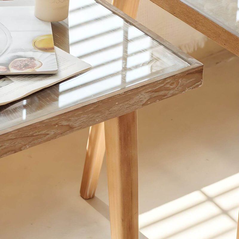 "Modern Square Wood Patio Chat Table with Glass Top in Brown Finish - Table Only 50 x 50 x 45 cm"