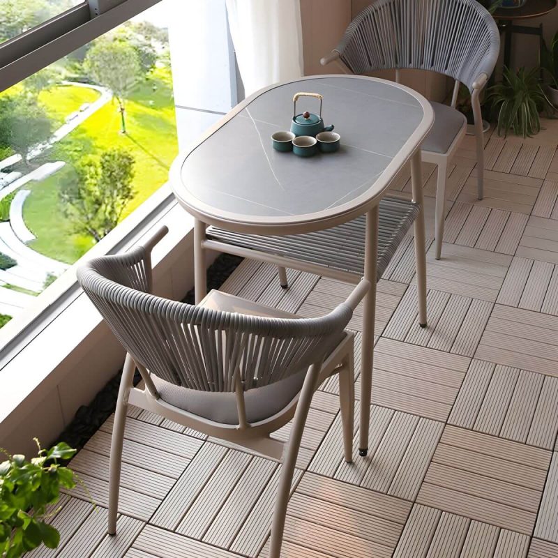 "Contemporary Oval Shape Dining Table Set with Shelf for Courtyard - Table & Chair(s) 2 Grey"