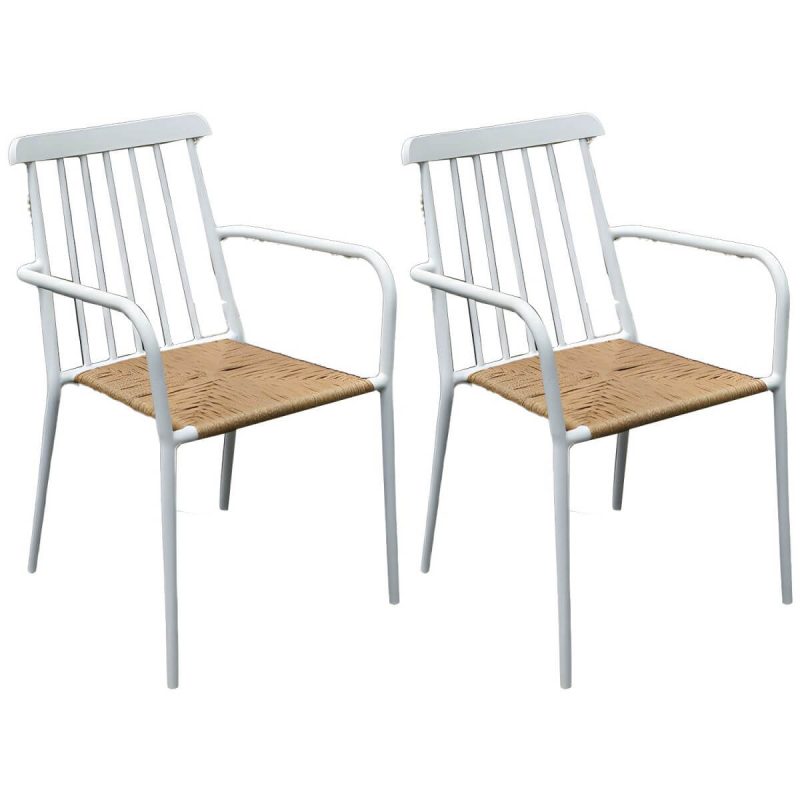 "Tropical Metal Arm Chair with Corrosion Resistant Construction for Outdoor Dining - White 2 Piece Set"