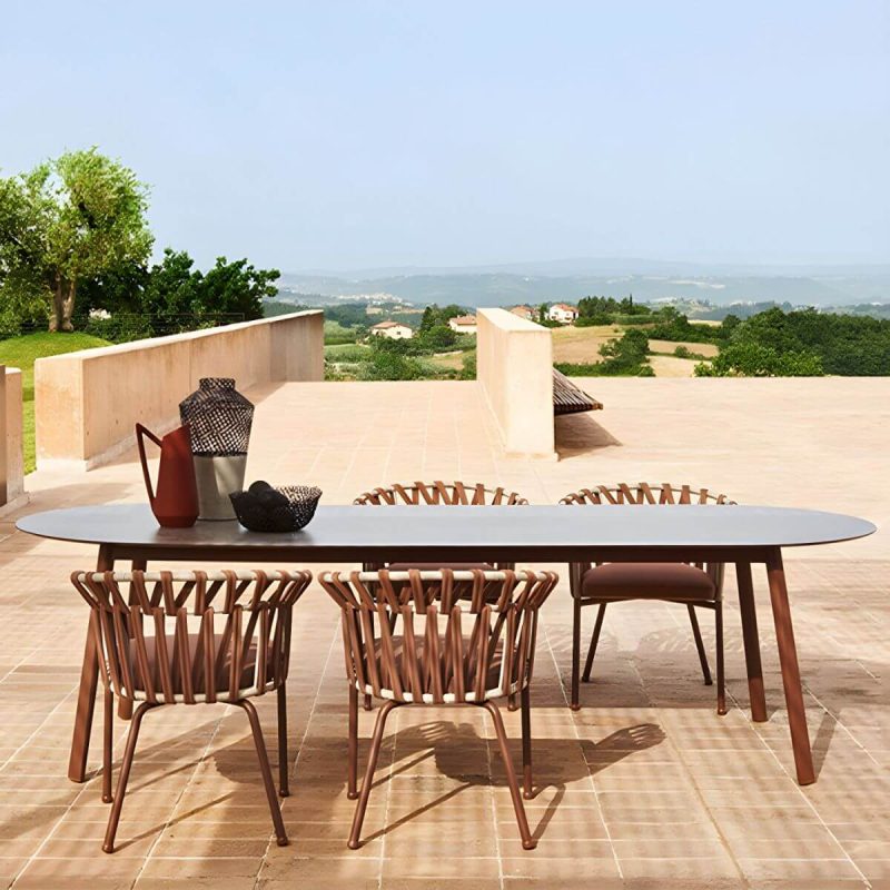 "Contemporary Style Stone Patio Table Oval Shape with Metal Legs in Grey/White - Table Only 86.6"L x 39.4"W x 29.5"H Gray"