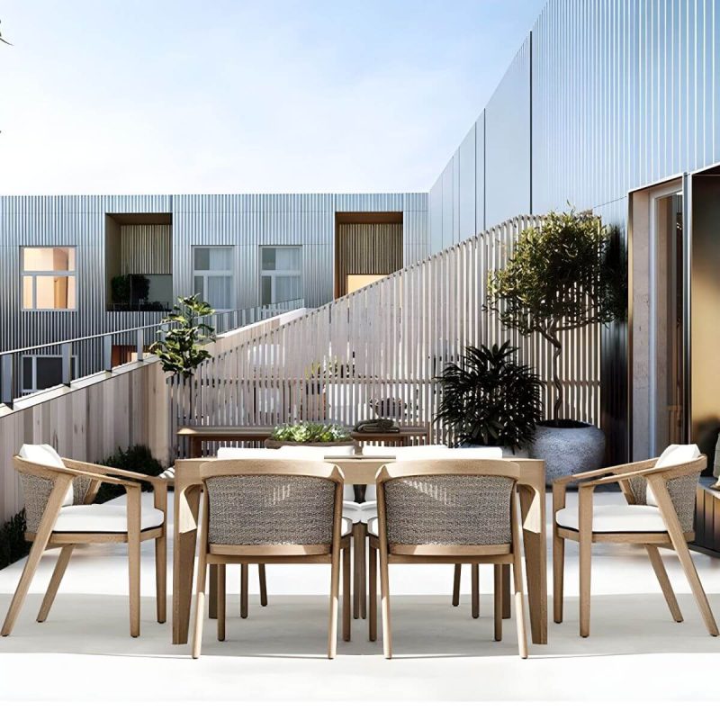 "Modern Wooden Arm Chair with Brown Frame and White Cushions for outdoor dining in the patio - Armless Aluminium Alloy 26"L x 25"W x 41"H"