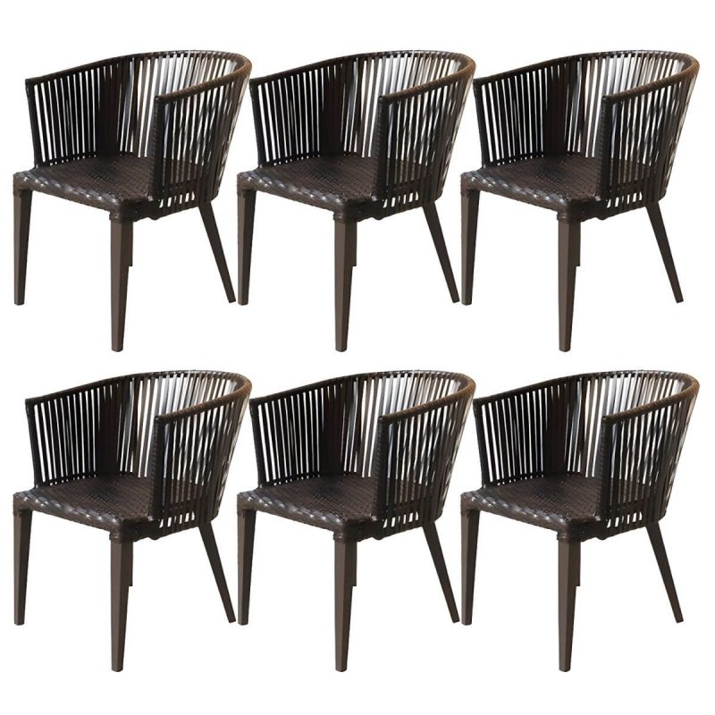 "Traditional Brown Wicker Arm Chair with Wicker Back for Patio Dining, UV Resistant and Non-Swivel - 6 Piece Set"