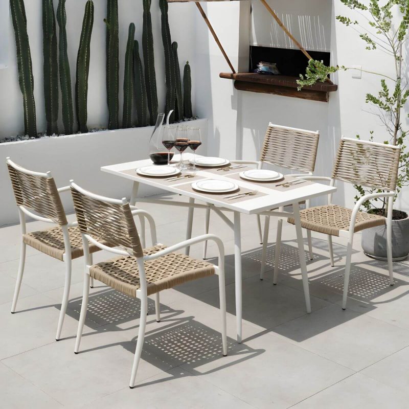 "Contemporary Metal Dining Table Set with White Top for Courtyard - Table & Chair(s) 47"L x 28"W x 28"H 4"