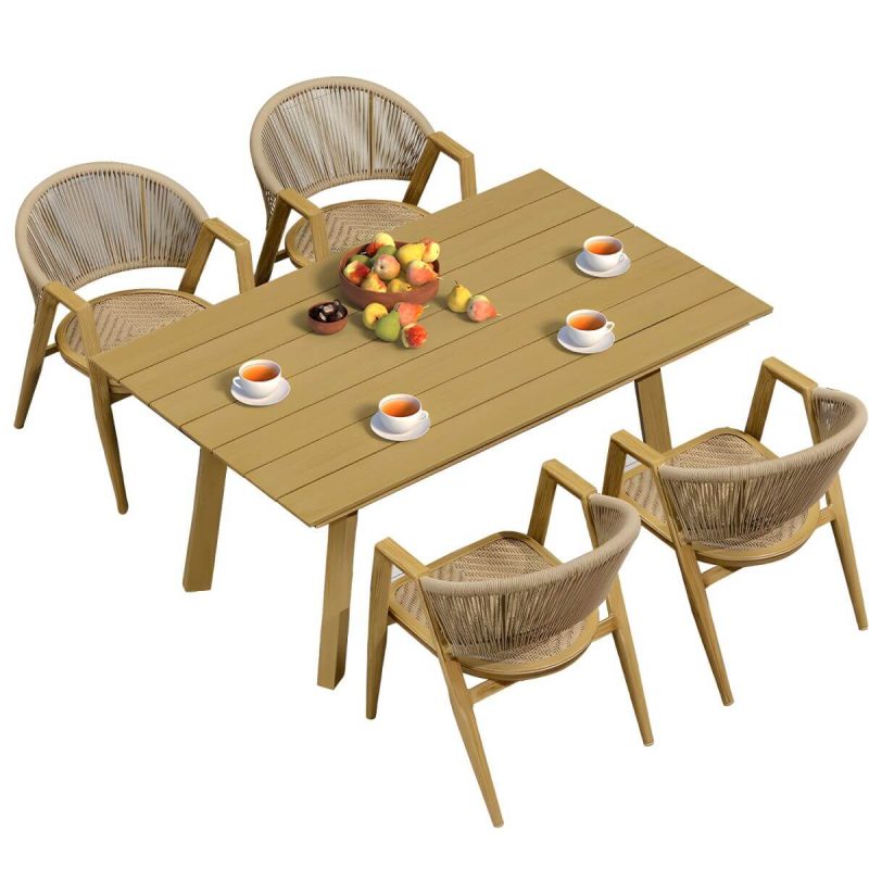 "Mid-Century Modern Metal Patio Dining Set with Non-Upholstered Wicker Chairs - Table & 4 Chairs 63"L x 39"W x 28"H Natural"